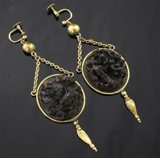A pair of early 20th century Chinese? gold and tortoiseshell drop earrings, overall drop 3in.